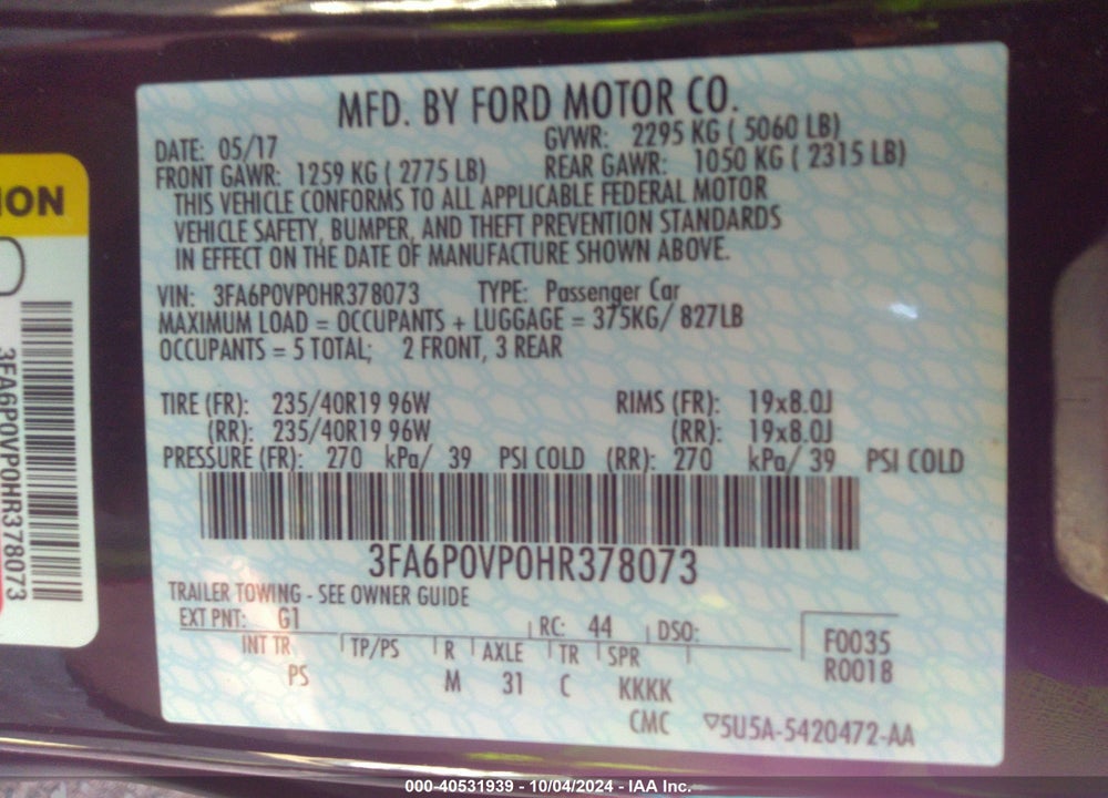 2017 FORD FUSION SPORT VIN: 3FA6P0VP0HR378073