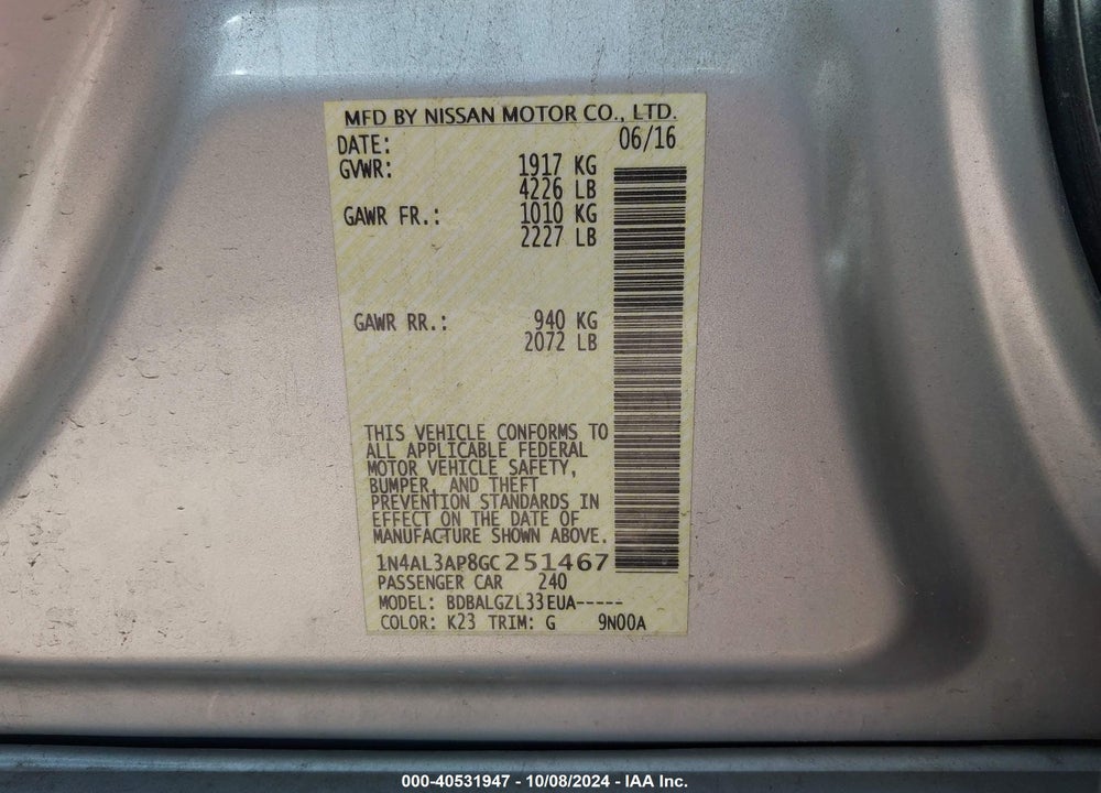 2016 NISSAN ALTIMA VIN: 1N4AL3AP8GC251467