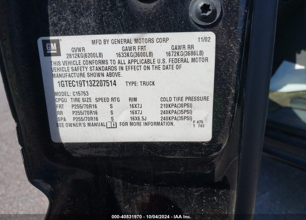 2003 GMC SIERRA 1500 SLE VIN: 1GTEC19T13Z207514