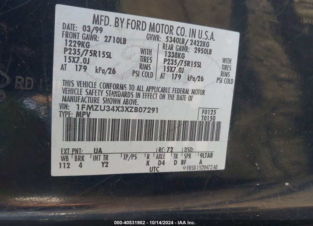 1999 FORD EXPLORER XL/XLT VIN: 1FMZU34X3XZB07291