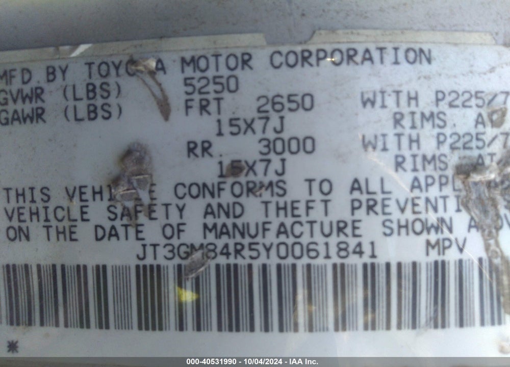 2000 TOYOTA 4RUNNER VIN: JT3GM84R5Y0061841