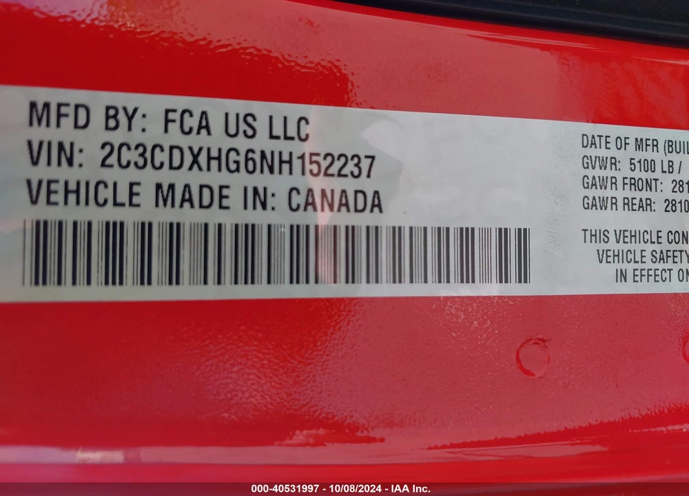 2022 DODGE CHARGER GT RWD VIN: 2C3CDXHG6NH152237