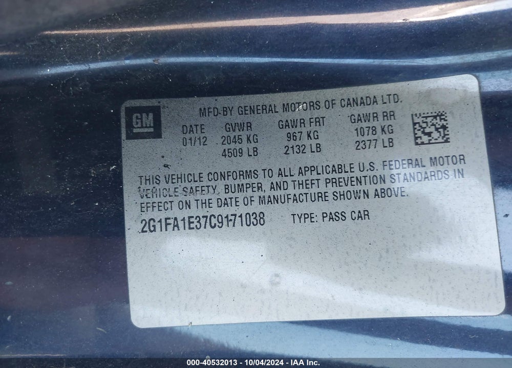 2012 CHEVROLET CAMARO 2LS VIN: 2G1FA1E37C9171038