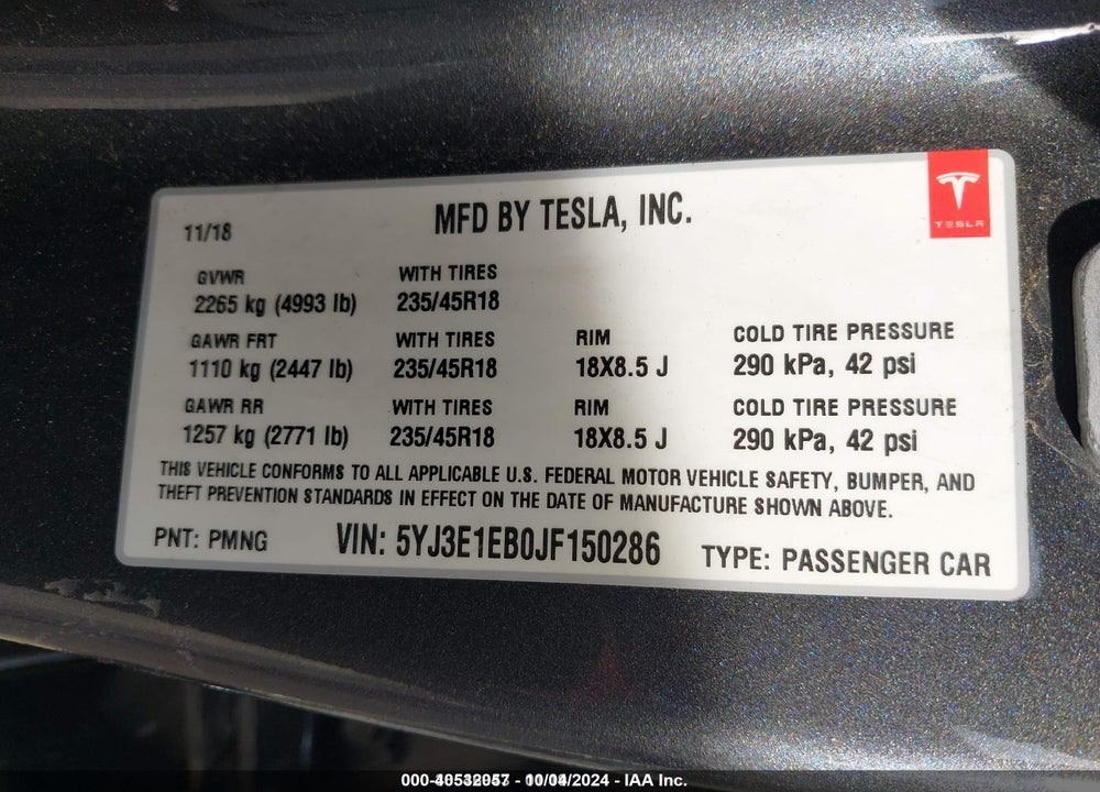 2018 TESLA MODEL 3 VIN: 5YJ3E1EB0JF150286