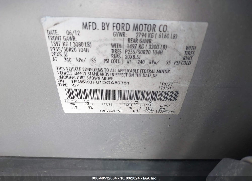 2013 FORD EXPLORER LIMITED VIN: 1FM5K8F81DGA80381