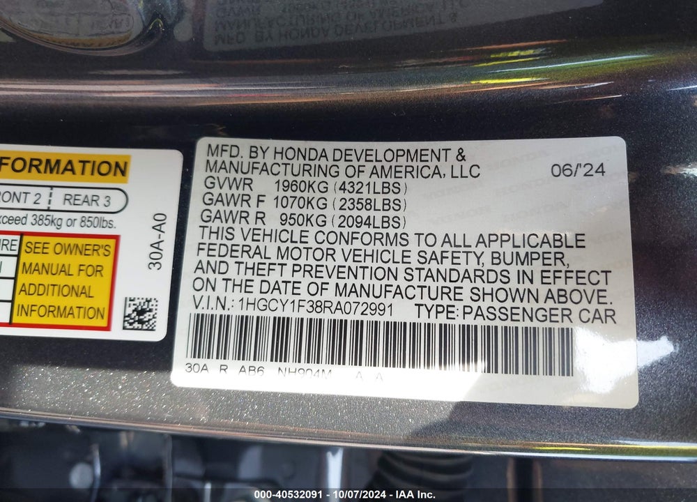 2024 HONDA ACCORD EX VIN: 1HGCY1F38RA072991