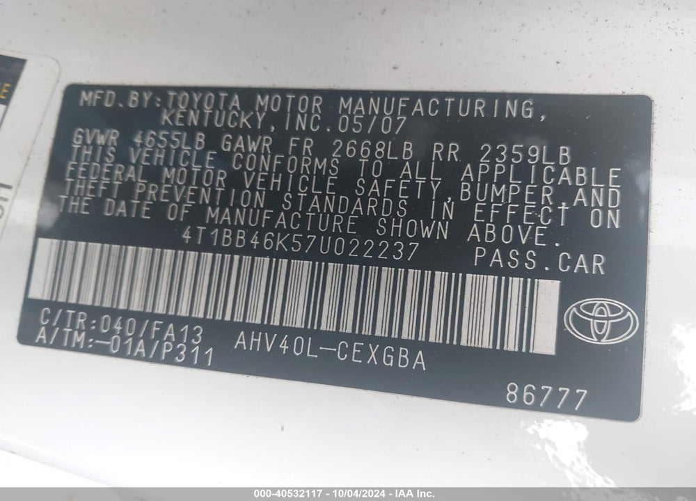 2007 TOYOTA CAMRY HYBRID VIN: 4T1BB46K57U022237