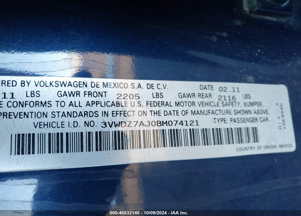 2011 VOLKSWAGEN JETTA 2.5L SE VIN: 3VWDZ7AJ0BM074121