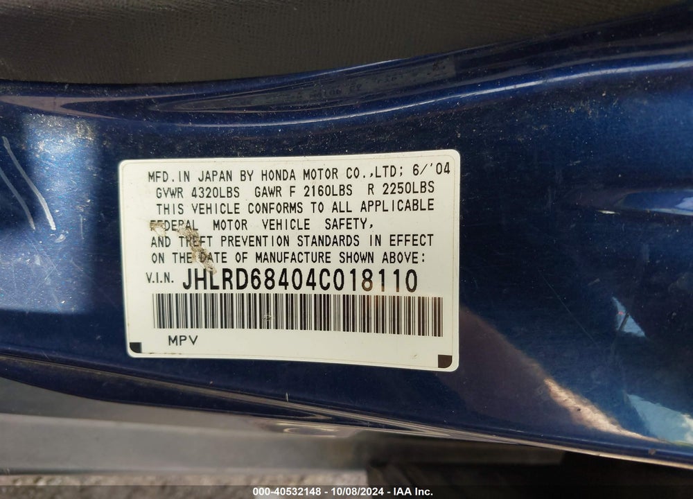 2004 HONDA CR-V LX VIN: JHLRD68404C018110