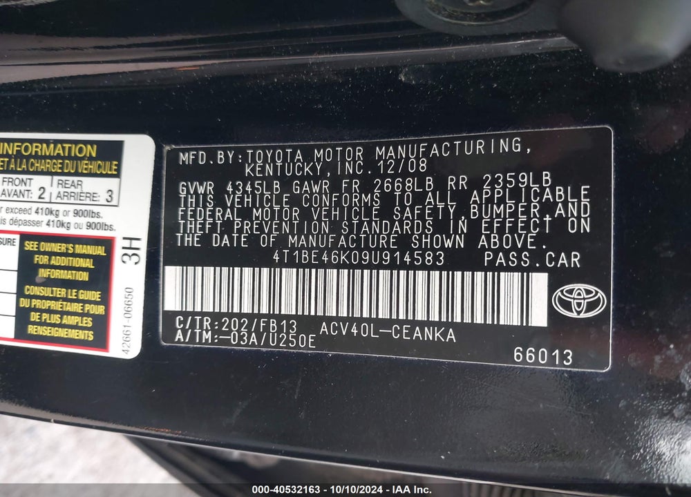 2009 TOYOTA CAMRY LE VIN: 4T1BE46K09U914583
