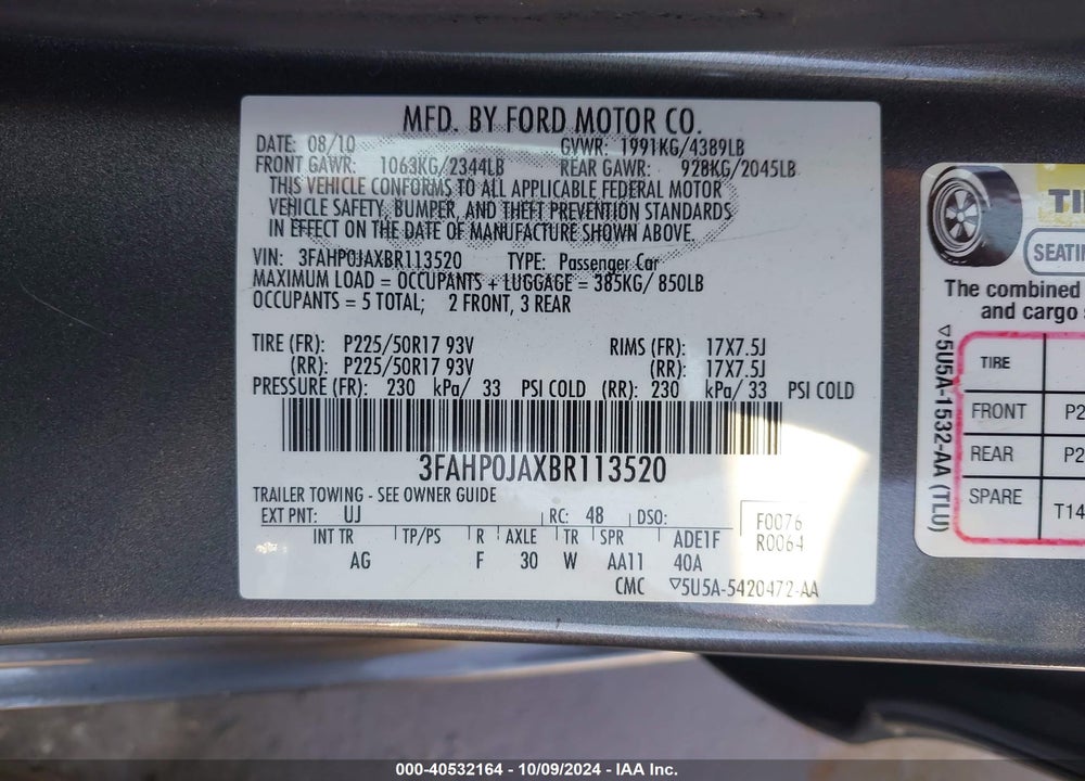 2011 FORD FUSION SEL VIN: 3FAHP0JAXBR113520