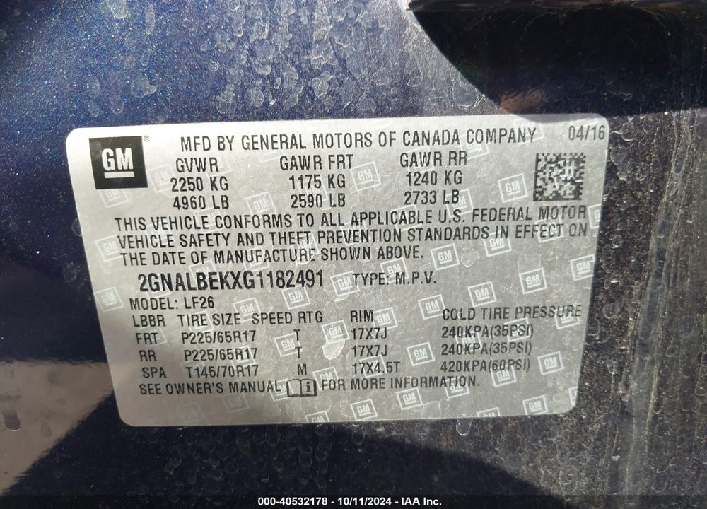 2016 CHEVROLET EQUINOX LS VIN: 2GNALBEKXG1182491