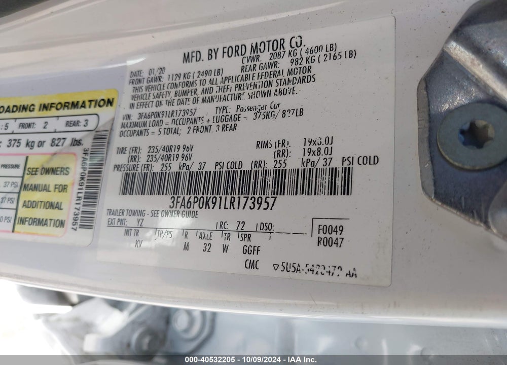 2020 FORD FUSION TITANIUM VIN: 3FA6P0K91LR173957
