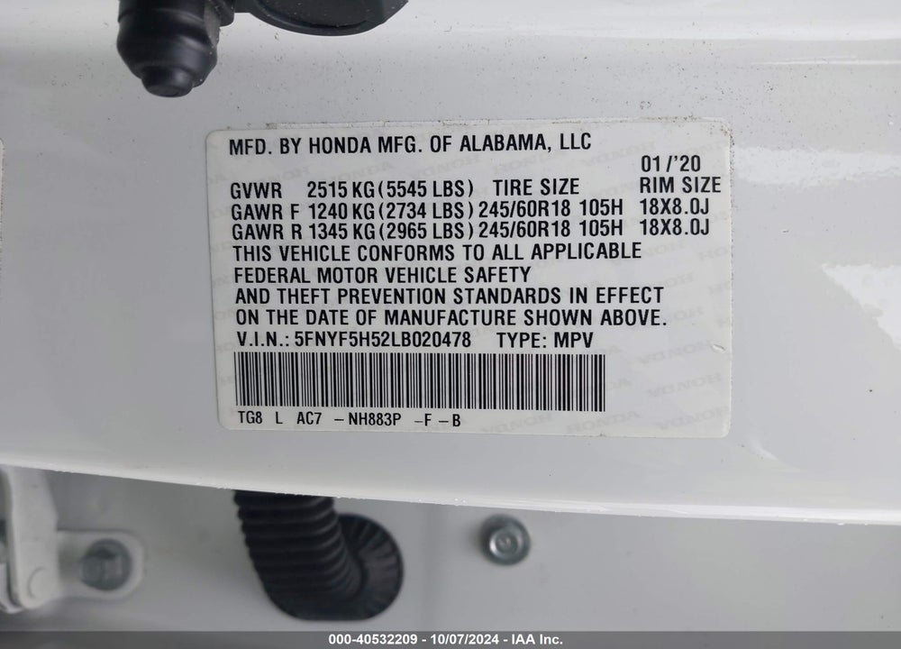 2020 HONDA PILOT 2WD EX-L VIN: 5FNYF5H52LB020478