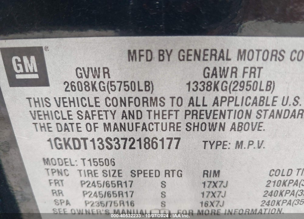 2007 GMC ENVOY SLE VIN: 1GKDT13S372186177