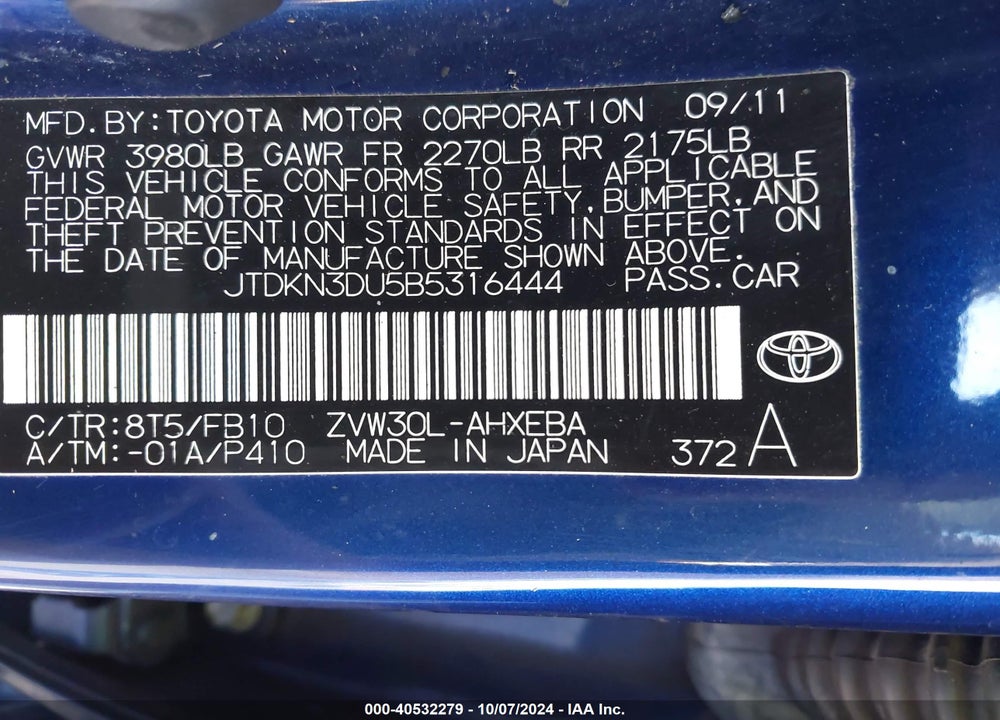 2011 TOYOTA PRIUS TWO VIN: JTDKN3DU5B5316444
