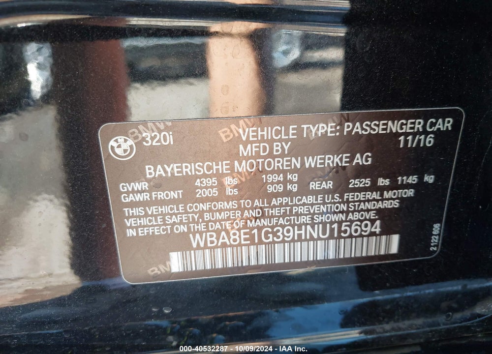 2017 BMW 320I VIN: WBA8E1G39HNU15694