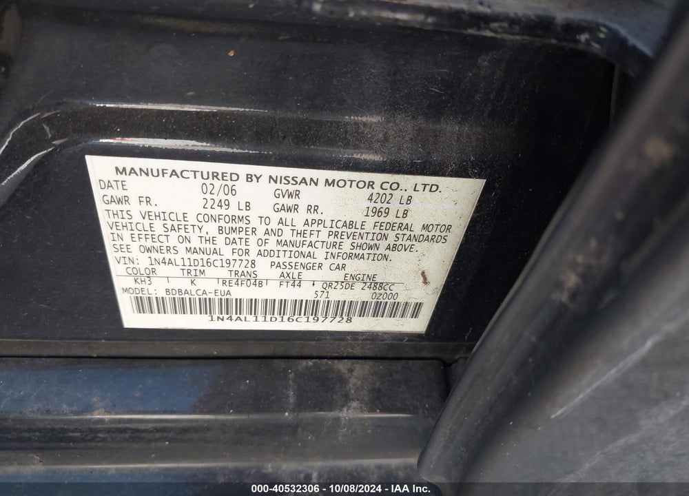 2006 NISSAN ALTIMA 2.5 S VIN: 1N4AL11D16C197728