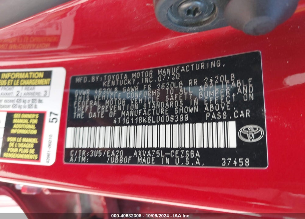 2020 TOYOTA CAMRY SE AWD VIN: 4T1G11BK6LU008399