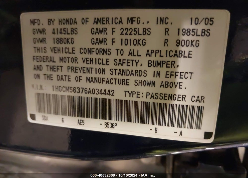 2006 HONDA ACCORD 2.4 SE VIN: 1HGCM56376A034442