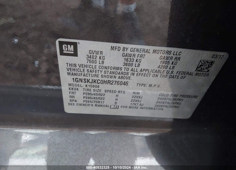 2017 CHEVROLET SUBURBAN PREMIER VIN: 1GNSKJKC0HR276046