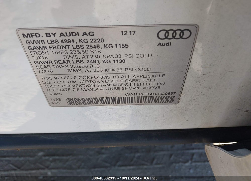 2018 AUDI Q3 2.0T PREMIUM/2.0T SPORT PREMIUM VIN: WA1ECCFS8JR020897