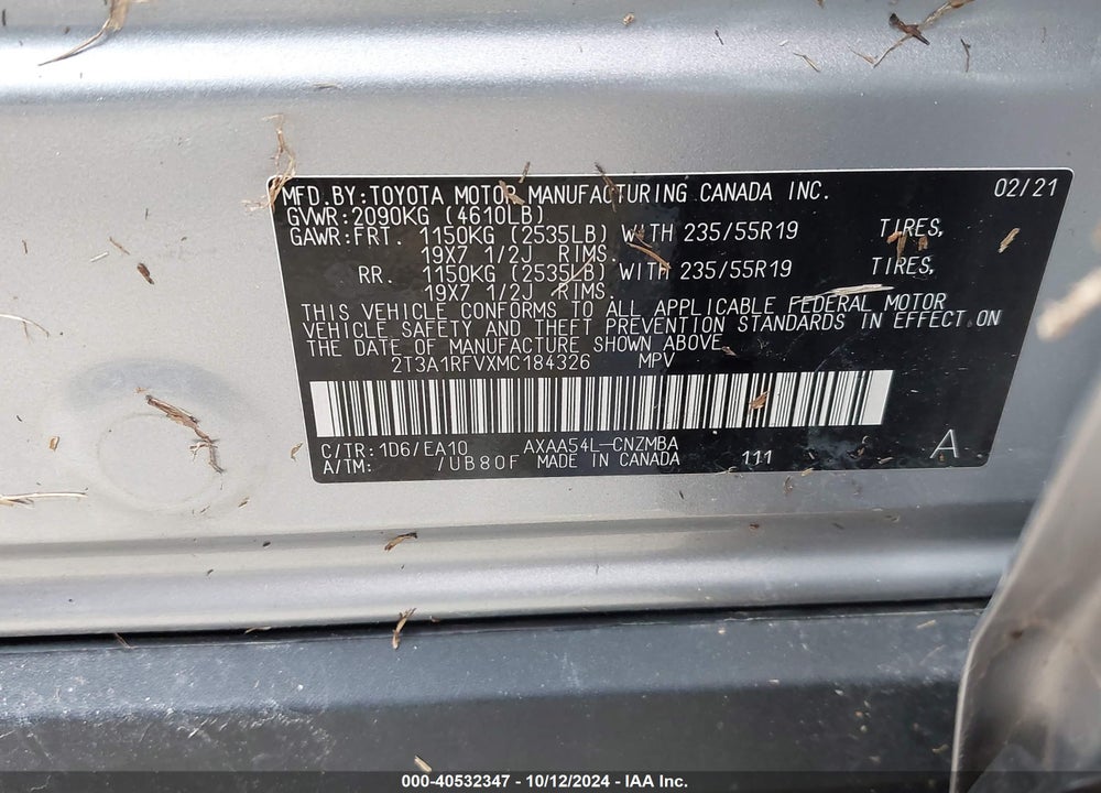 2021 TOYOTA RAV4 XLE PREMIUM VIN: 2T3A1RFVXMC184326