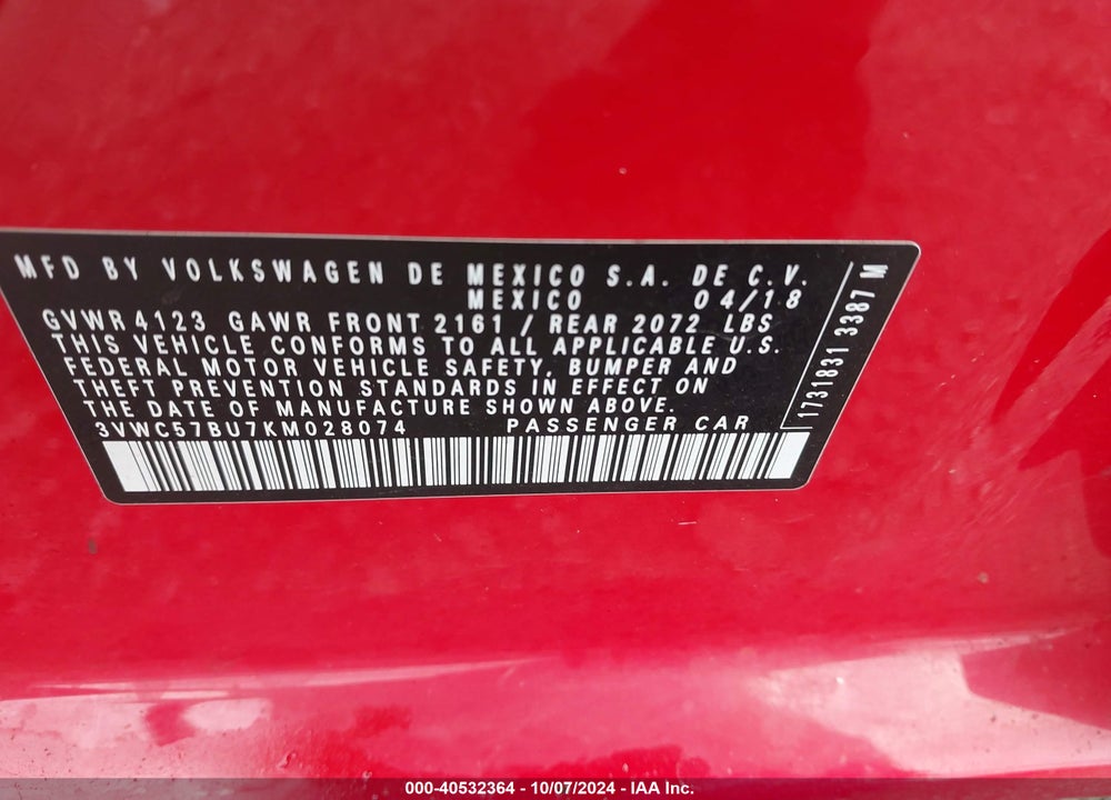 2019 VOLKSWAGEN JETTA 1.4T R-LINE/1.4T S/1.4T SE VIN: 3VWC57BU7KM028074