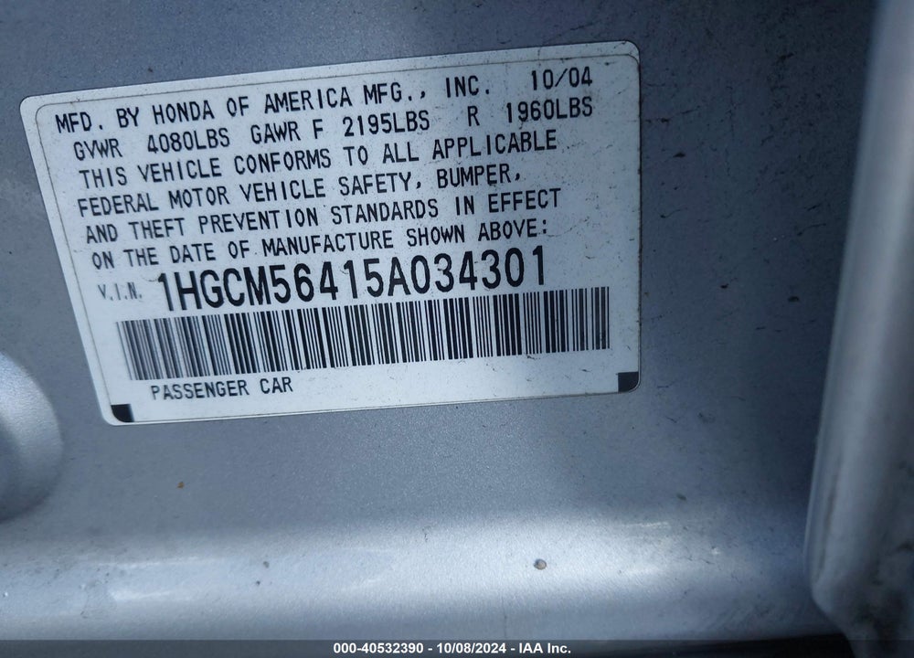 2005 HONDA ACCORD 2.4 LX VIN: 1HGCM56415A034301