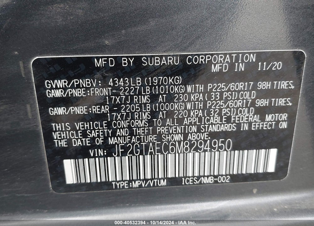 2021 SUBARU CROSSTREK PREMIUM VIN: JF2GTAEC6M8294950
