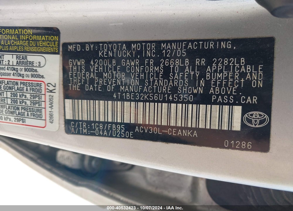 2006 TOYOTA CAMRY LE VIN: 4T1BE32K56U145350
