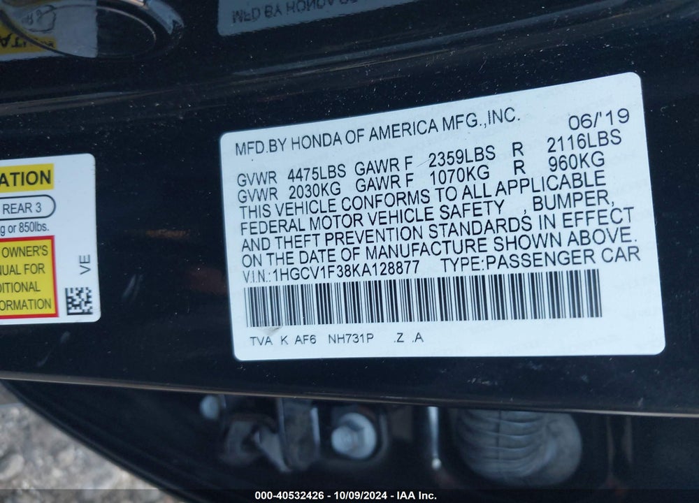 2019 HONDA ACCORD VIN: 1HGCV1F38KA128877