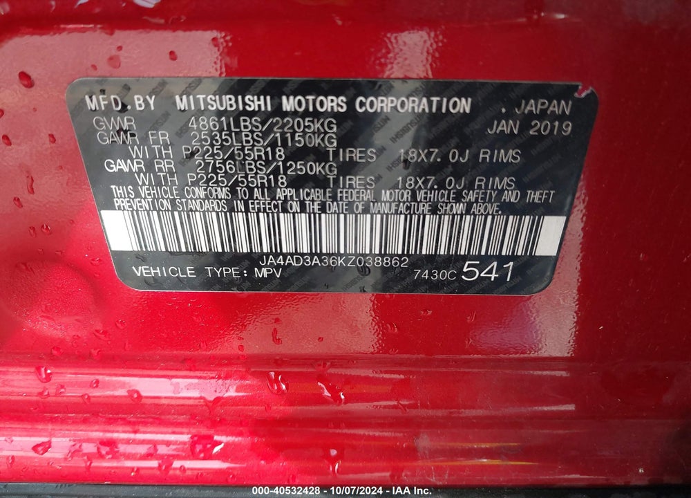 2019 MITSUBISHI OUTLANDER SEL VIN: JA4AD3A36KZ038862