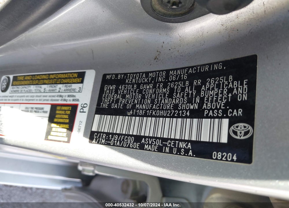 2017 TOYOTA CAMRY LE VIN: 4T1BF1FK0HU272134