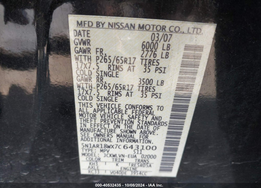 2007 NISSAN PATHFINDER LE VIN: 5N1AR18WX7C643100