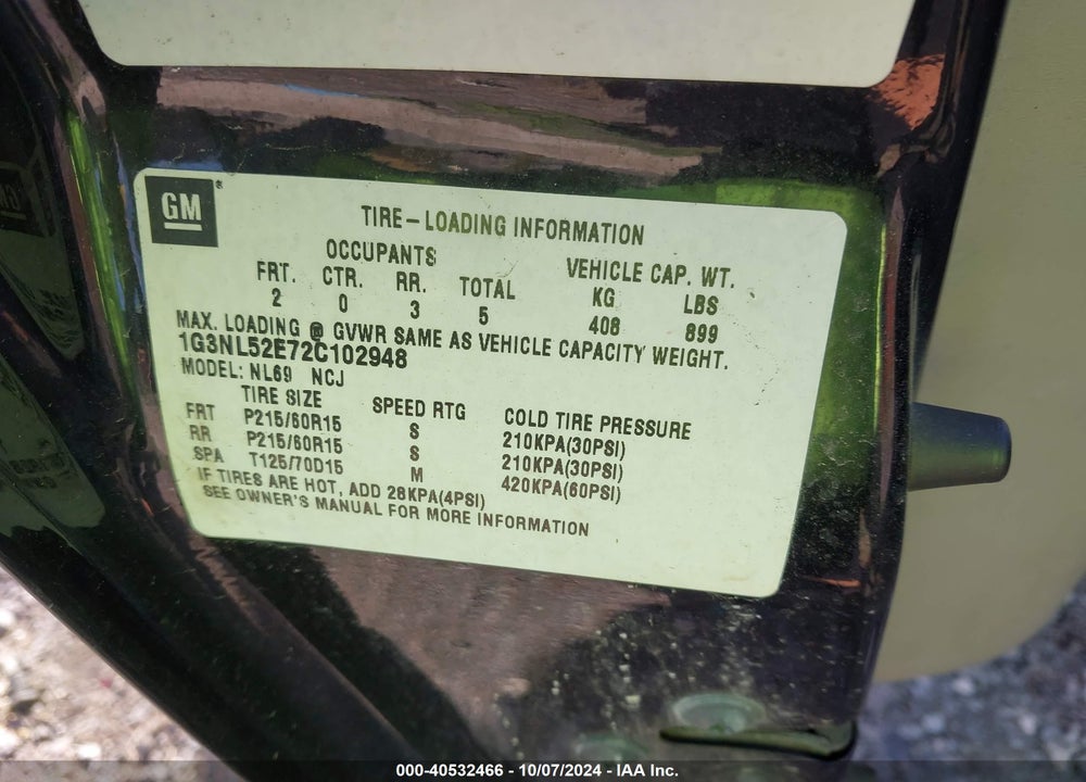 2002 OLDSMOBILE ALERO GL1 VIN: 1G3NL52E72C102948
