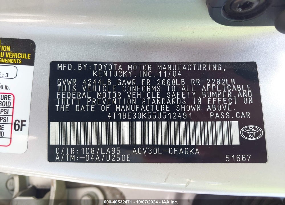 2005 TOYOTA CAMRY XLE VIN: 4T1BE30K55U512491