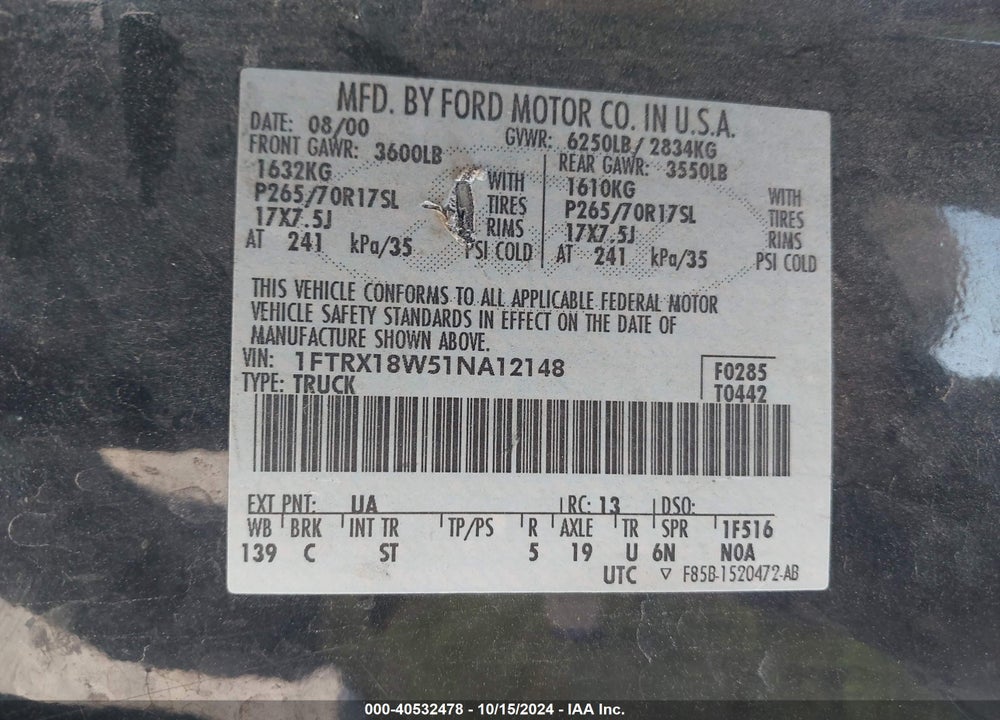 2001 FORD F-150 LARIAT/XL/XLT VIN: 1FTRX18W51NA12148