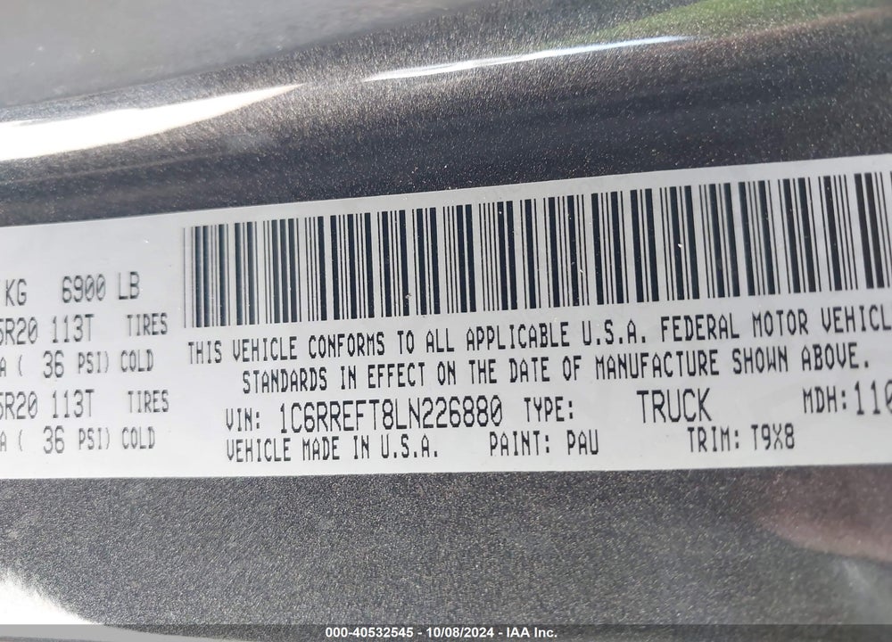 2020 RAM 1500 VIN: 1C6RREFT8LN226880
