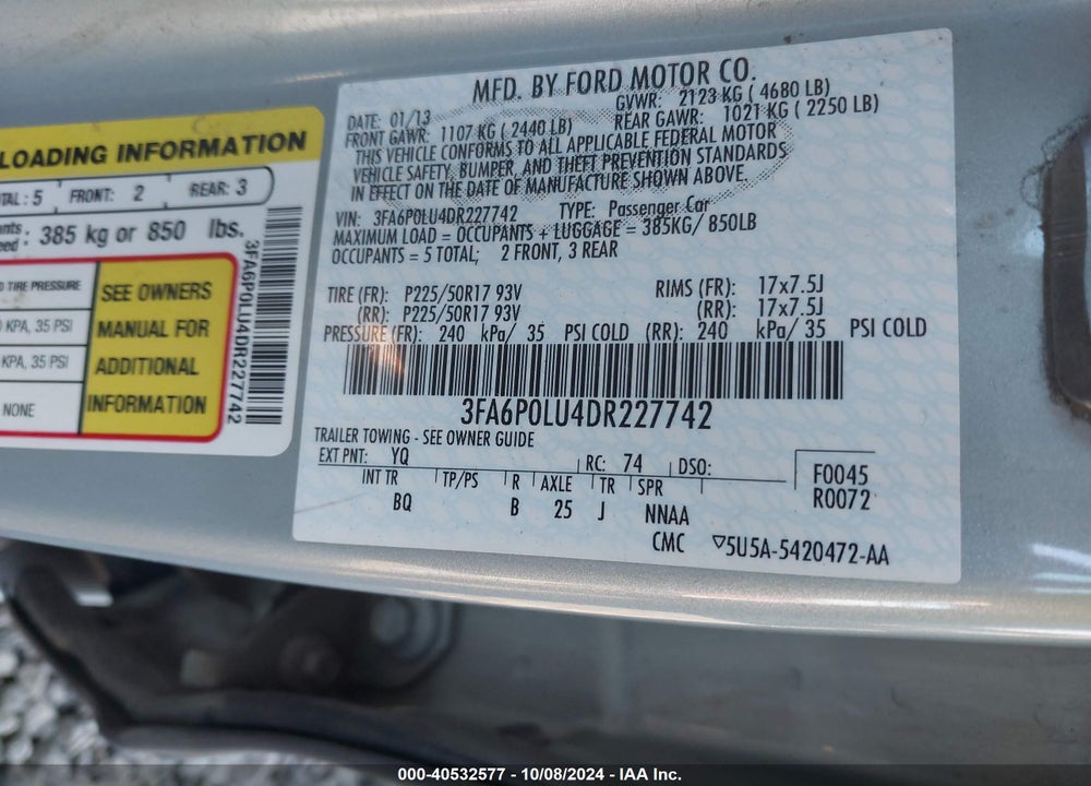 2013 FORD FUSION HYBRID SE VIN: 3FA6P0LU4DR227742