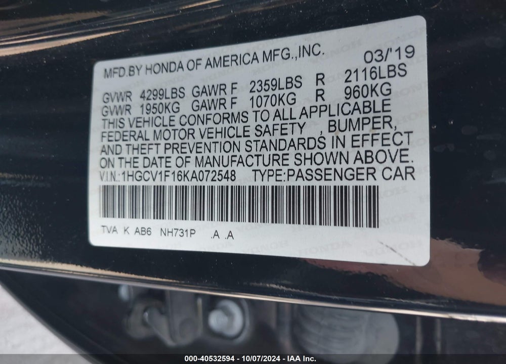 2019 HONDA ACCORD LX VIN: 1HGCV1F16KA072548