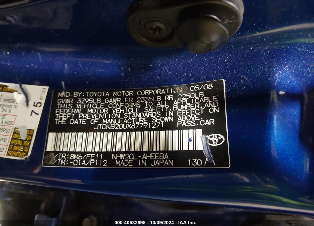 2008 TOYOTA PRIUS STANDARD VIN: JTDKB20UX87791271