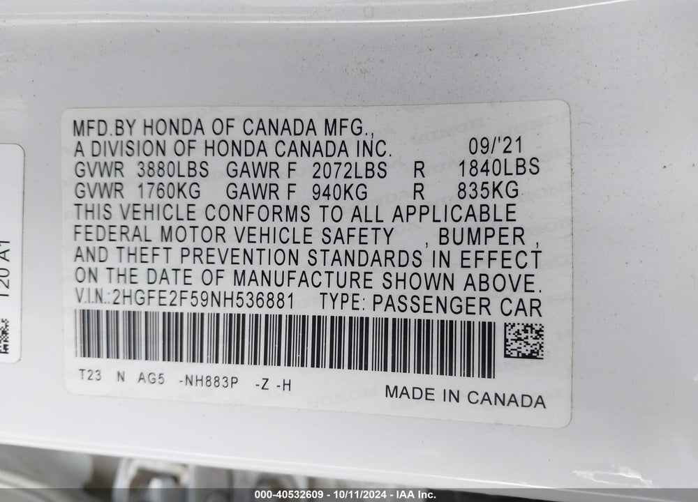 2022 HONDA CIVIC SPORT VIN: 2HGFE2F59NH536881