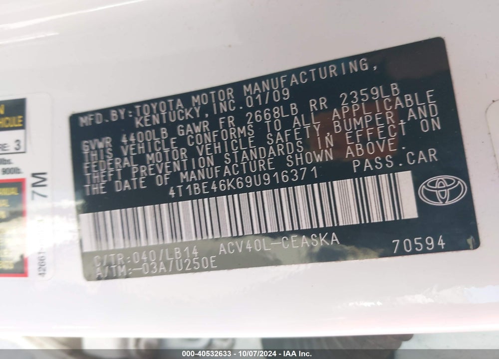 2009 TOYOTA CAMRY SE VIN: 4T1BE46K69U916371