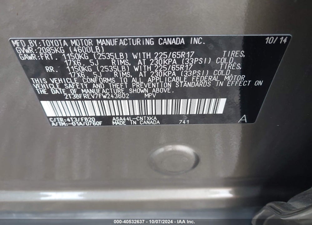 2015 TOYOTA RAV4 LE VIN: 2T3BFREV7FW243602