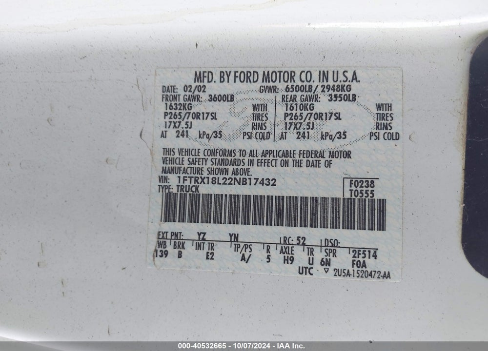 2002 FORD F-150 LARIAT/XL/XLT VIN: 1FTRX18L22NB17432
