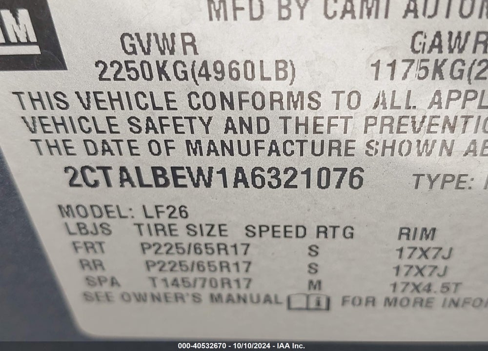 2010 GMC TERRAIN SLE-1 VIN: 2CTALBEW1A6321076