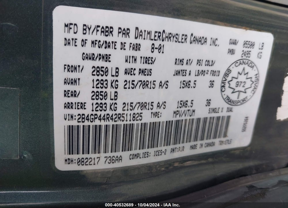2002 DODGE GRAND CARAVAN SPORT VIN: 2B4GP44R42R511825