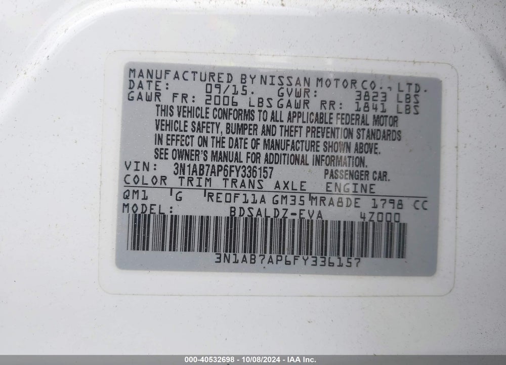 2015 NISSAN SENTRA SV VIN: 3N1AB7AP6FY336157