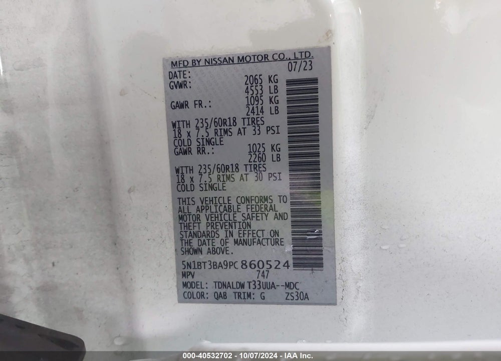 2023 NISSAN ROGUE SV FWD VIN: 5N1BT3BA9PC860524